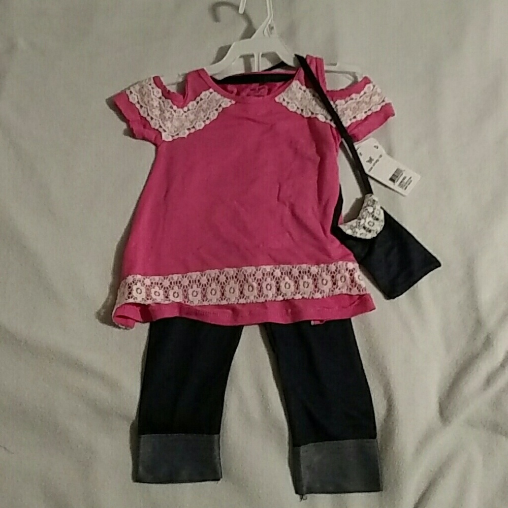 Girls pink top with lace, blue jean leggings purse